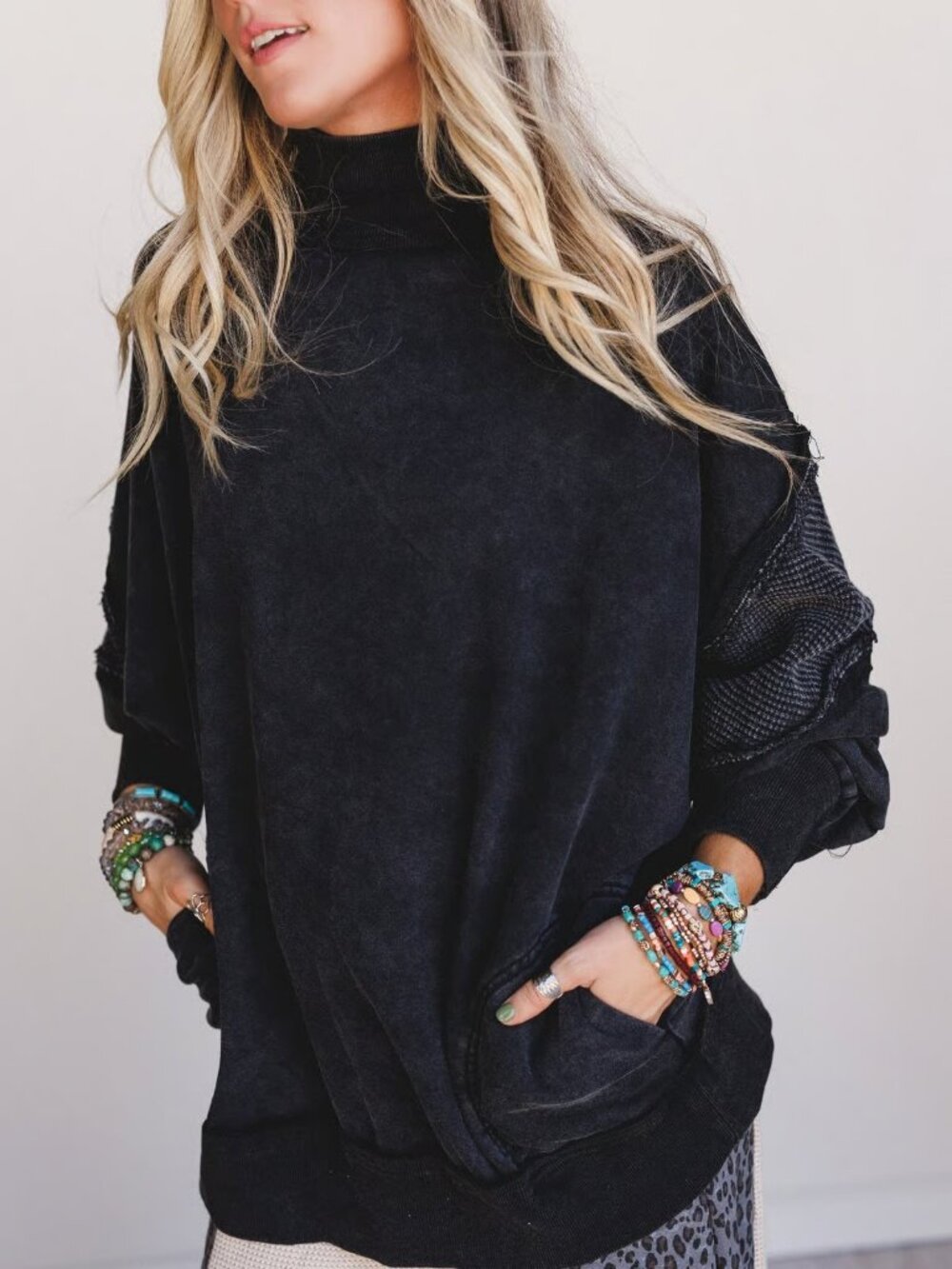Oli & Hali Zia Black Mineral Wash Oversized Pullover Sweatshirt - Size Medium